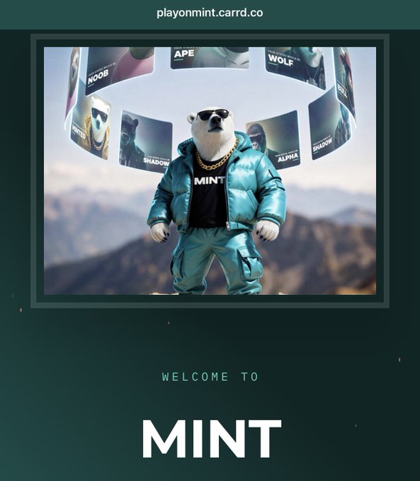 A promotional image featuring a polar bear mascot wearing sunglasses and a teal puffer jacket labeled 'MINT', surrounded by NFT cards, with text 'playonmint.carrd.co' and 'WELCOME TO MINT'.