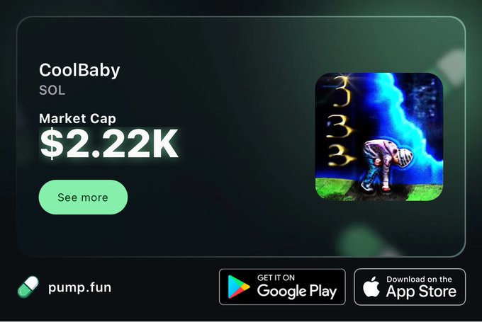 A promotional graphic for a token called 'CoolBaby' on the Solana blockchain (SOL), showing a market cap of '$2.22K' alongside an illustration of a baby playing football, with pump.fun branding and app download links.