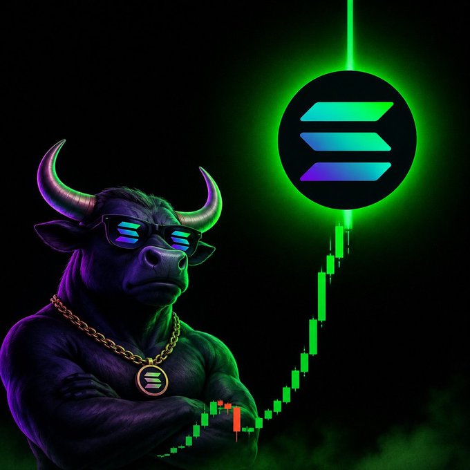 A muscular purple bull wearing sunglasses and a gold chain with a Solana (SOL) logo pendant stands confidently with crossed arms beside an upward-trending green candlestick chart, symbolizing bullish momentum and a "massive week for Solana."