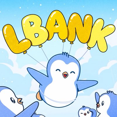 A cheerful cartoon penguin floats through a blue sky holding golden balloon letters spelling "LBANK," accompanied by smaller penguins, matching a fun #NewProfilePic intro.