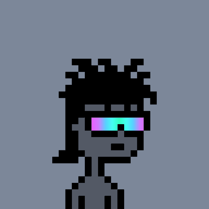 A pixel art character with dark skin, black spiky hair, and large rainbow-gradient glasses, wearing a dark outfit against a gray background.
