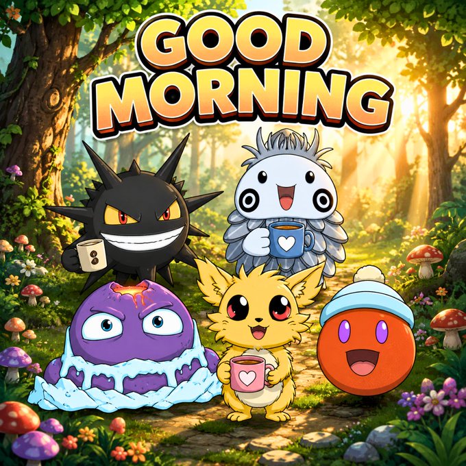 A cheerful cartoon-style illustration showing several Pokémon-like characters (including a spiky black creature, a gray fuzzy one, a yellow fox-like one, a purple blob, and an orange round one) holding mugs in a sunny forest with the text 'GOOD MORNING' at the top.