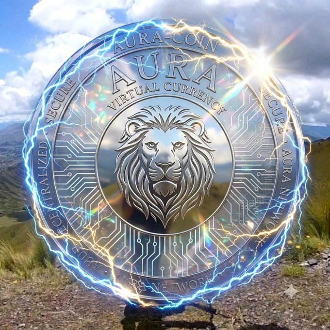 A glowing "AURA COIN" virtual currency token featuring a majestic lion's head surrounded by electric blue energy is displayed against a mountainous landscape background. The coin's circuit-board design and inscriptions "SECURE," "DECENTRALIZED," and "VIRTUAL CURRENCY" visually promote the Aura Coin (ARC) token being marketed in the post.