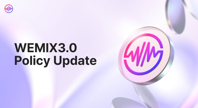 A promotional banner with the text 'WEMIX 3.0 Policy Update' next to a pink and purple coin emblem on a softly lit, abstract background.