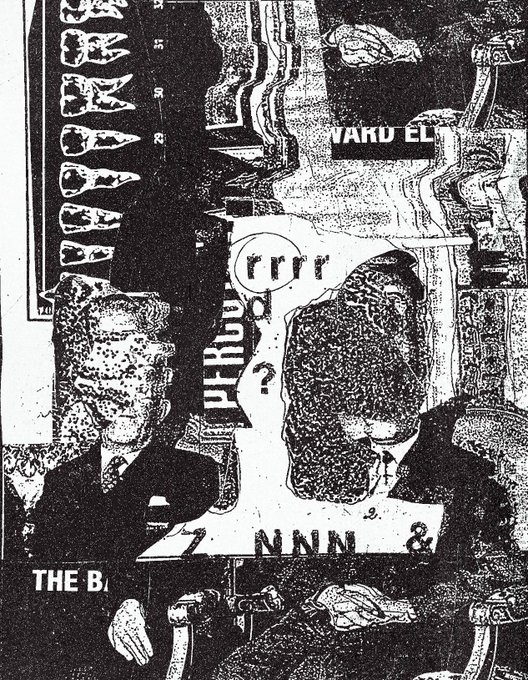 A high-contrast black and white collage-style image features distorted figures and scattered text including "VAKO EL," "the," "rrrr," and "THE."