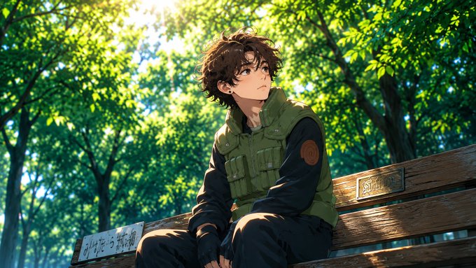 An anime-style illustration of a curly-haired character in a green tactical vest sitting on a wooden bench in a sunlit forest.