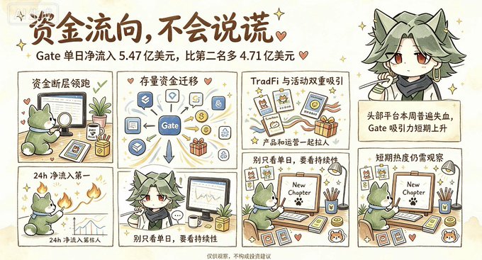 The image is an illustrated infographic titled "资金流向，不会说谎" (Fund flow doesn't lie), featuring cute cartoon mascots and the anime character from the Gate.io branding, highlighting that Gate's single-day net inflow reached $547 million, leading all exchanges with a massive $471 million gap over the second-place Bybit. Key text includes statistics on capital momentum, migration of funds, TradFi convergence, and warnings about short-term hype versus sustained performance, directly supporting the post's emphasis on Gate's dominance in 24-hour exchange inflows.
