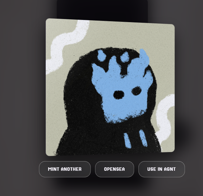 A digital NFT card displaying a rough, dark silhouette figure with a blue, mask-like face featuring hollow eyes, displayed on a dark interface with buttons labeled 'MINT ANOTHER', 'OPENSEA', and 'USE IN AGNT'.