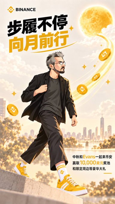 A Binance promotional poster features a man walking forward with the text '步履不停 向月前行' (Stepping forward without stopping, moving towards the moon), promoting a Mid-Autumn event with 'Evans' and a 10,000 USDT prize pool.