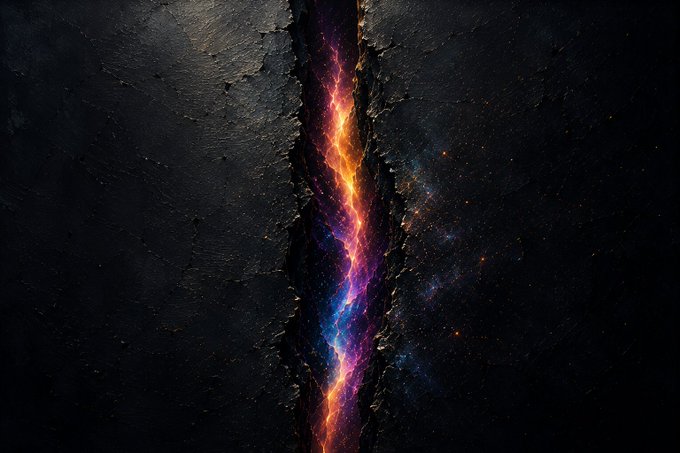 A vertical crack runs through dark, textured stone, revealing a glowing interior of cosmic colors including orange, pink, purple, and blue energy.