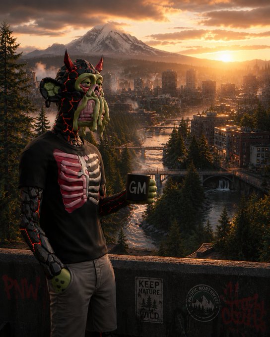 A figure wearing a Cthulhu-esque mask and a ribcage-print shirt holds up a "GM" sign, overlooking a sprawling Pacific Northwest cityscape with a snow-capped mountain at sunset, perfectly matching the "GM" greeting and "Beautiful day in the Pacific NorthWest" vibe of the post. Stickers reading "KEEP NATURE WILD" and "PACIFIC NORTHWEST" on the ledge reinforce the regional theme.
