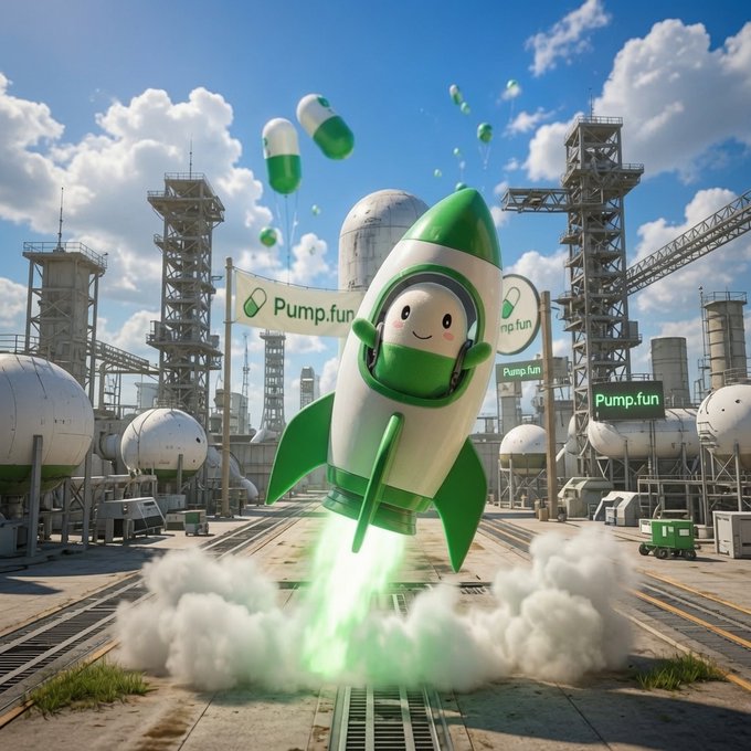 A vibrant 3D illustration features a cute green and white rocket character with a face launching amidst green smoke clouds and floating capsules, with "Pump.fun" banners in an industrial setting.
