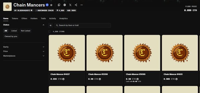 A screenshot of the Chain Mancers NFT collection on OpenSea showing 4,989 items with a floor price of 0.899 ETH, displayed on the "Homewood Chain" and tied to the ticker $MANCER with a market cap of $1.9M and August 2025 date. The image illustrates the NFT collection supporting the upcoming DEX being built by the Mancer team on Robinhood Chain.