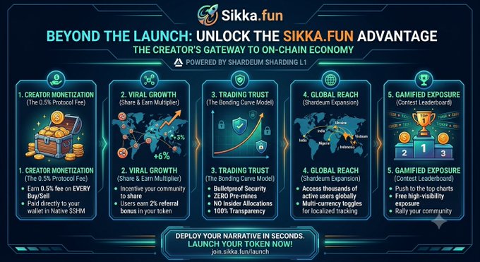 The image features a poster for a cryptocurrency called Sikka Fun that was launched recently. The poster includes a map with different countries labeled along with icons representing various aspects of the cryptocurrency, such as trading, gaming, and global reach. The text on the poster emphasizes the importance of deploying a token to create a narrative in the cryptocurrency world, rather than just creating a coin for its own sake.