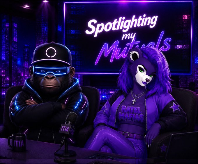 A neon-lit digital illustration titled 'Spotlighting my Mutuals,' featuring a cyberpunk-style gorilla with glowing blue goggles and a purple-haired anthropomorphic character in a 'Ratel Mafia' jacket sitting at a microphone.