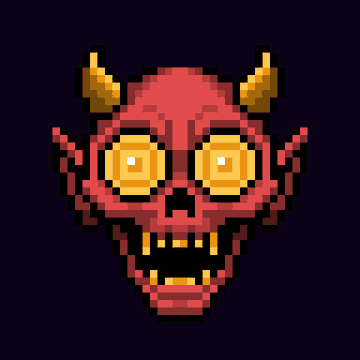 A pixel art sprite of a red demon face with glowing yellow eyes, sharp teeth, small horns, and pointed ears against a dark purple background.