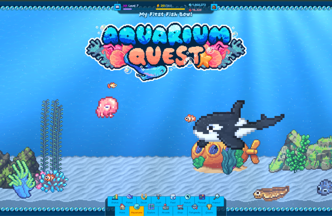 The image features an aquarium game with a cartoon fish and a whale as its main characters. The background shows a blue ocean scene with rocks, plants, and other sea creatures. There are also several small figures of people scattered throughout the scene. The title "Aquarium Quest" is displayed at the top of the screen, along with the phrase "My first fish bowl". A post on social media indicates that this game is in a live beta testing phase, where players can earn exclusive reward chests and compete against other players to win a share of the 12,000 RON reward pool.