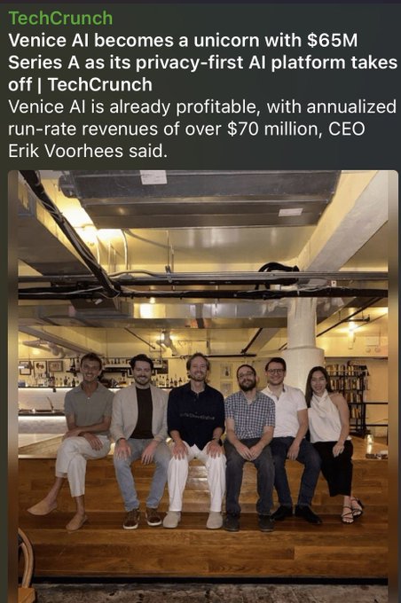 A group of six people pose together in what appears to be a bar or restaurant setting, celebrating Venice AI's $65M Series A funding round that earned it unicorn status, with the post highlighting the $VVV token pump and congratulating CEO Erik Voorhees.