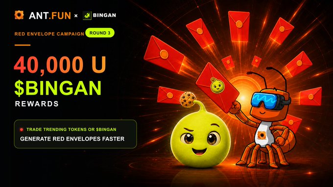 A vibrant promotional graphic for ANT.FUN's Red Envelope Campaign Round 3, featuring a green mascot character and a VR-goggle-wearing ant surrounded by flying red envelopes, announcing 40,000U worth of $BINGAN rewards tied to trending token trades on the platform.