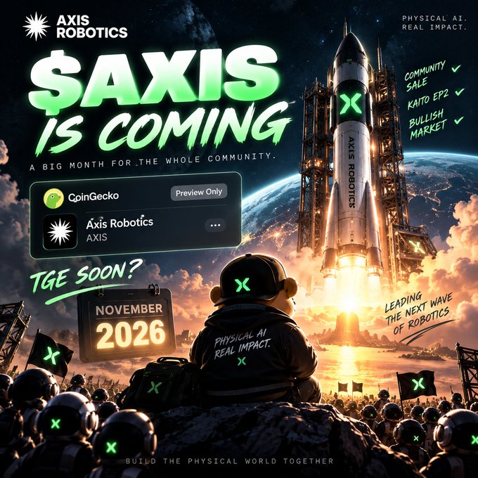 A promotional graphic for 'AXIS ROBOTICS' featuring '$AXIS IS COMING' and 'TGE SOON? NOVEMBER 2026', showing a rocket launch scene with 'PHYSICAL AI. REAL IMPACT.' tagline and CoinGecko preview listing.