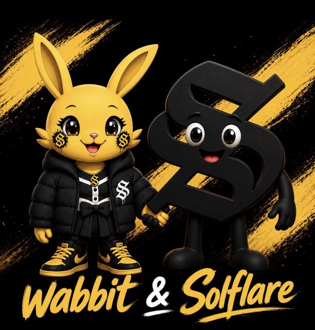 The image features a cartoon rabbit wearing a black jacket, standing next to a black letter "S" figure with a big smile. The text "Wabbit & Soffire" is written above them, indicating that they are related or connected in some way. The background of the image has yellow and black stripes, which adds to the overall visual appeal of the post.