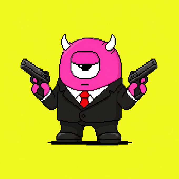 A pixel art style pink one-eyed monster wearing a black suit and red tie, holding two handguns against a bright yellow background.