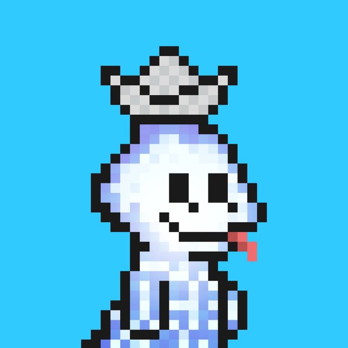 A pixel-art illustration on a bright blue background showing a white skull character with a wide grin and red tongue sticking out, wearing a white and blue checkered hat.