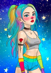 A vibrant digital illustration features a stylized young woman with rainbow-colored hair, bold makeup, and colorful accessories against a starry cosmic background. The colorful, expressive artwork directly embodies the post's call for "some color" by showcasing a rainbow-hued, eye-catching character design.