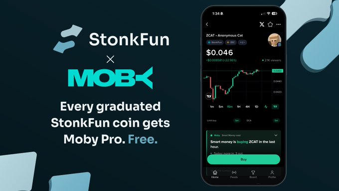 A promotional image announcing a collaboration between 'StonkFun' and 'MOB', stating 'Every graduated StonkFun coin gets Moby Pro. Free.', alongside a smartphone displaying a crypto trading app for 'ZCAT - Anonymous Cat'.