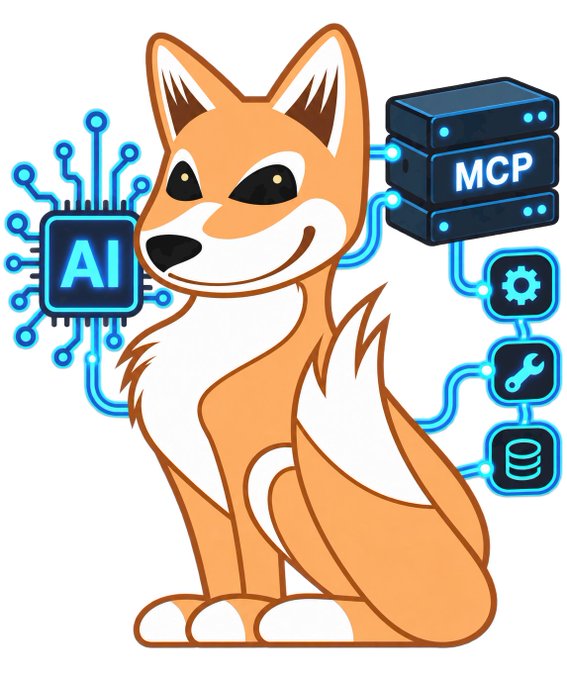 A cartoon illustration of a smiling orange fox character with an 'AI' chip and 'MCP' server icon connected to it, alongside gears, a wrench, and a database symbol.