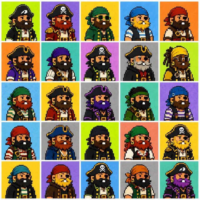 A 5x5 pixel art grid displays 25 variations of a bearded pirate character with different colored bandanas, outfits, and backgrounds.