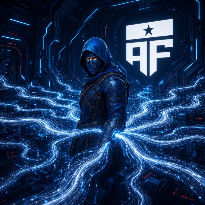 A digital artwork of a hooded figure in tactical gear with a face mask, manipulating streams of glowing blue data flow, alongside a stylized 'RF' logo with a star.