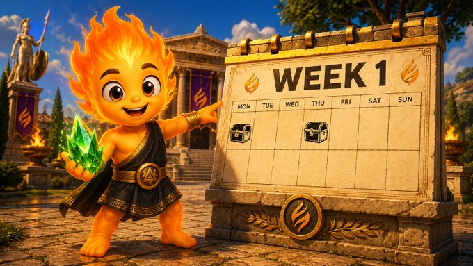 Cartoon-style image of a flame-headed character holding a green crystal next to a 'WEEK 1' calendar in an ancient Greek-style setting, with treasure chests marked on Monday and Thursday.