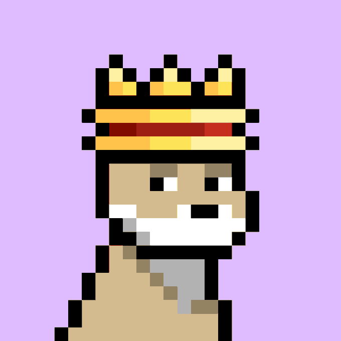 Pixel art portrait of a tan dog wearing a golden crown and red headband on a lavender background, representing Doginal Dog #7132 from the Doginal Dogs NFT collection.