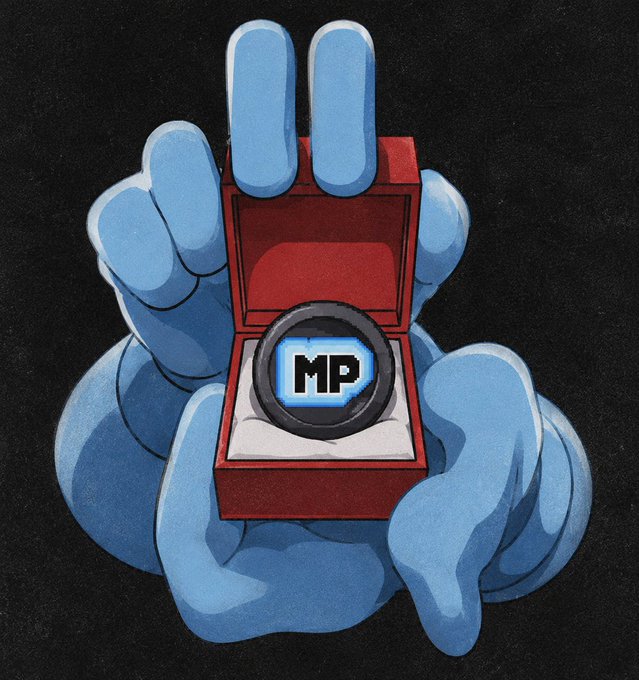 An illustration of a blue hand making a peace sign while holding a red ring box containing a black ring labeled 'MP'.