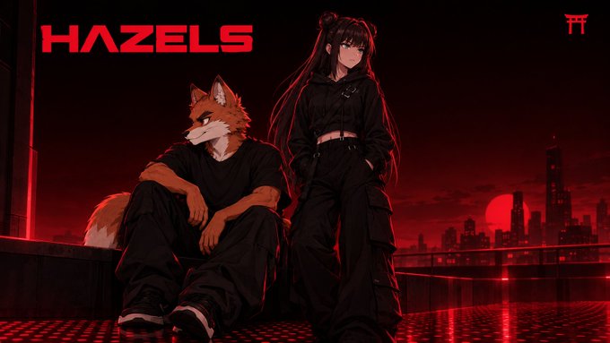 Anime-style artwork titled "HAZELS" featuring a wolf-headed figure and a long-haired female character in dark clothing against a red city skyline.