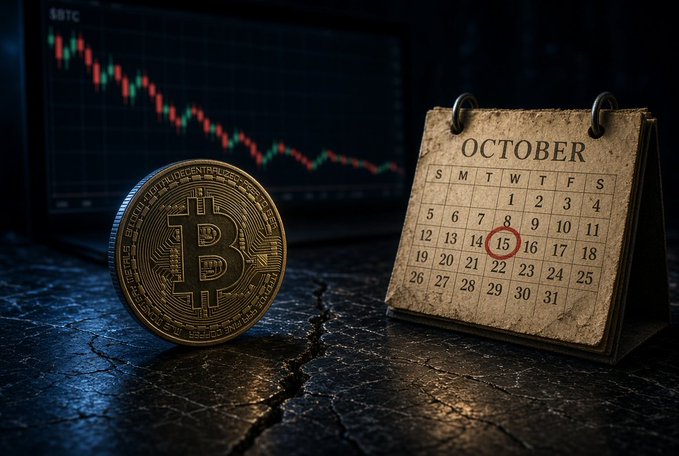 A Bitcoin coin sits beside a calendar with October 15 circled, against the backdrop of a candlestick chart showing $BTC in downtrend. The image visually reinforces the post's prediction that Bitcoin's cycle bottom is timing up around mid-October 2025, aligning with options expiry and major macro data releases (NFP/CPI).
