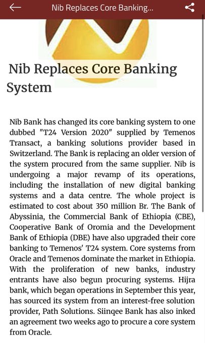 A news article titled 'Nib Replaces Core Banking System' discusses Nib Bank upgrading to Temenos' 'T24 Version 2020' for an estimated 350 million Br, noting other Ethiopian banks using the same provider.