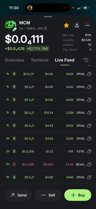 A cryptocurrency app screenshot showing the MCM token (Gdk6...v9Fi) priced at $0.0₄111 with a +62.71% gain (1M), market cap of $11K, and live transaction feed including buys and sells.
