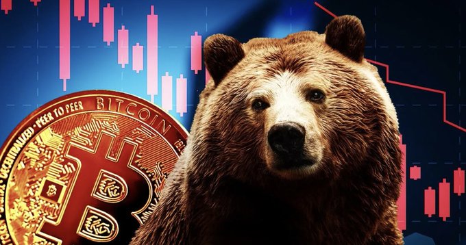 A bear looms over a Bitcoin coin amid a red candlestick chart, visually capturing the post's warning that despite low perpetual trading activity, high open interest leaves ample fuel for a volatile market swing ahead of the CPI release.
