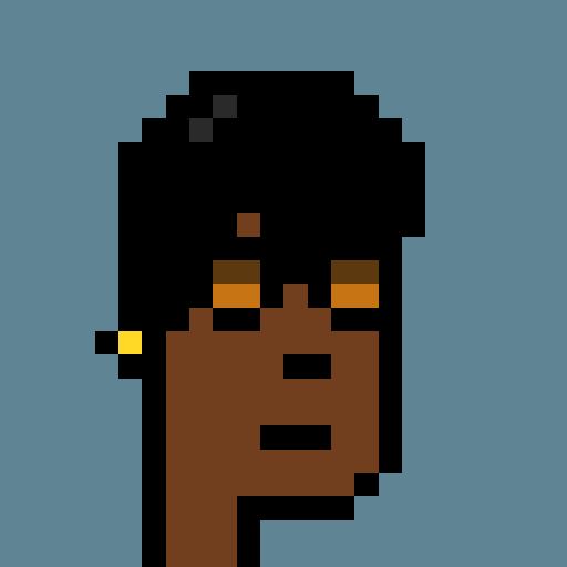 A pixel art portrait of a person with dark skin, black hair, and one yellow earring against a blue background.