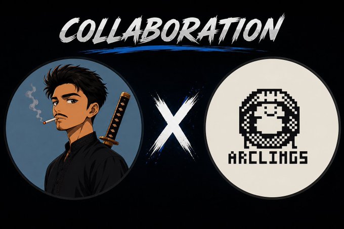 A graphic announcement showing a 'COLLABORATION' between an anime-style character with a sword and a pixel art logo labeled 'ARCLINGS', separated by a white 'X'.