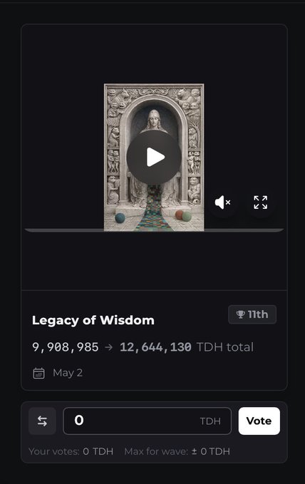 A mobile app interface showing a video preview titled 'Legacy of Wisdom' with voting options, displaying '9,908,985 → 12,644,130 TDH total', ranked 11th, dated May 2.