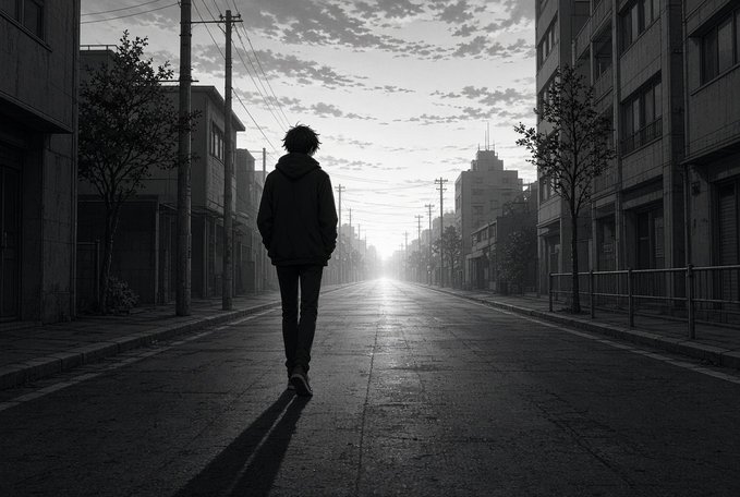 A black and white anime-style illustration shows a solitary figure in a hoodie walking down the middle of an empty street toward a hazy, sunlit horizon lined with buildings and power lines.