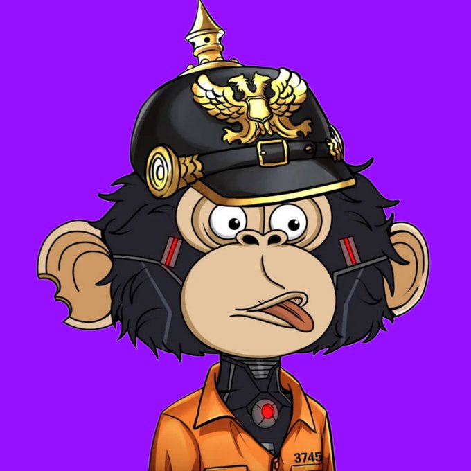 A cartoon monkey character wearing an orange prison jumpsuit marked '3745' and a black spiked helmet with a gold crest, set against a purple background.