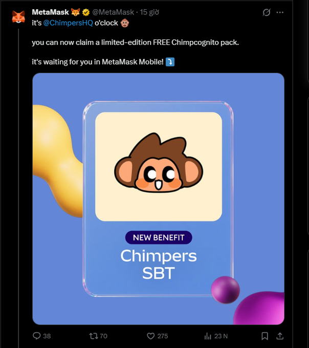 The image features a social media post with a cartoon monkey head as its main focus. The post includes text that reads "New benefit for @ChimpersHQ phiên bản giới hạn nây trên MetaMask Mobile". This post is related to the claim made by Chimpers, a company that offers mobile benefits. The image also contains a purple ball and an orange balloon in the background, adding visual interest to the post.