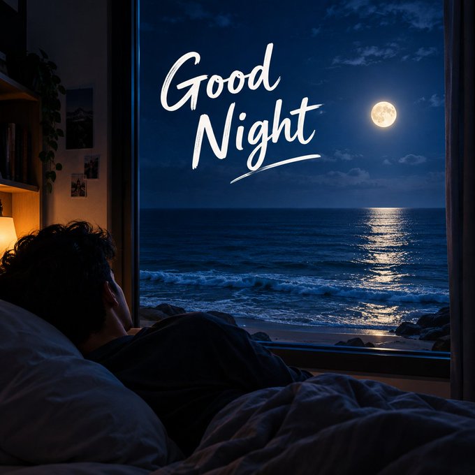 A person lies in bed looking out a window at a moonlit ocean, with 'Good Night' written in stylized white text.