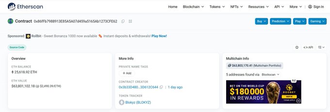 The image shows an Etherscan page for a contract address "0x8bFB7988913B85A5d76459a5165Ab1273CFE62" with an ETH balance of 25618.92 ETH (≈$83,801,102.18) and a token tracker for "Blokyz (BLOKYZ)" created just 1 day ago. This relates to the post's mention of "25600+E" and speculation about whether it's a new Trump-related project, as the address was created very recently (1 day ago) and holds a substantial amount of ETH, suggesting a newly launched token narrative.