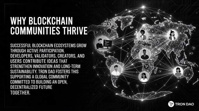 A Tron DAO promotional graphic titled 'Why Blockchain Communities Thrive' showing a world map with interconnected nodes representing developers, validators, creators, and users.