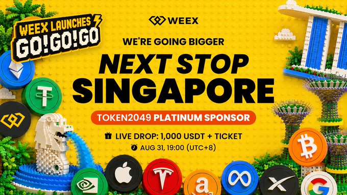 A promotional banner for WEEX announcing 'NEXT STOP SINGAPORE' as a TOKEN2049 Platinum Sponsor, featuring a LEGO-style Merlion and Marina Bay Sands, with weekly launches and a live drop of 1,000 USDT + Ticket on Aug 31, 19:00 (UTC+8).